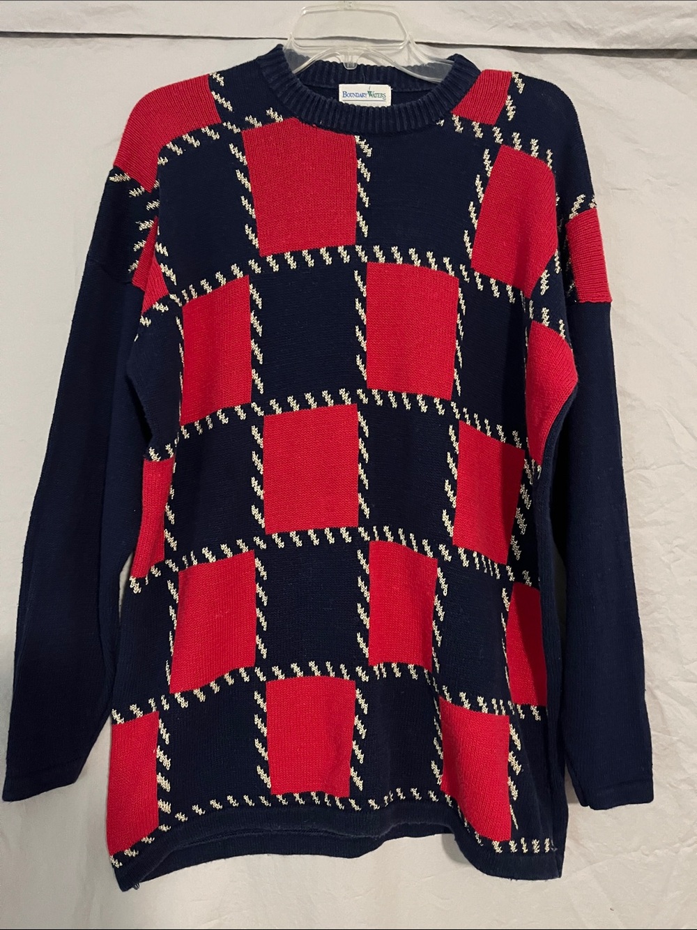 Boundary Waters Navy, Red & Gold Checker Knit Crewneck Sweater